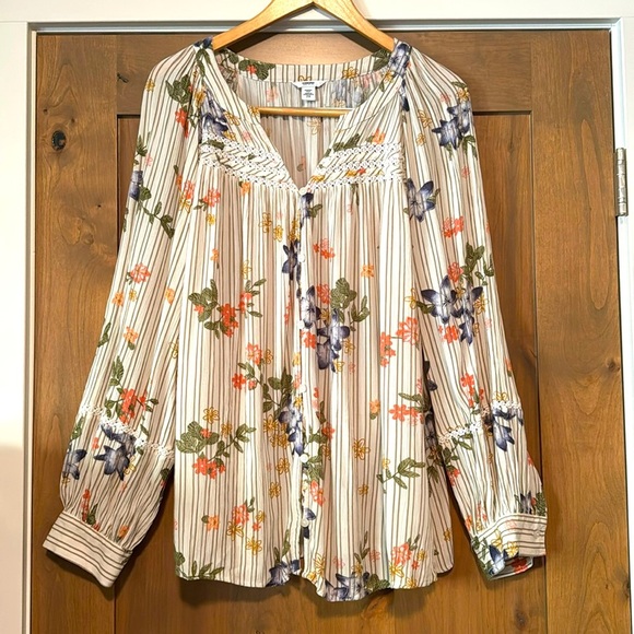 Sonoma button down Peasant top blouse Womens 2X Floral crinkle long sleeve Boho - Picture 1 of 9